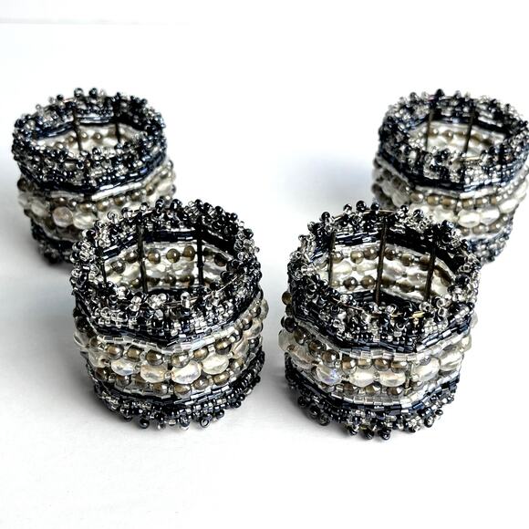 Set of 4 Glass Beaded Napkin Rings Clear Gray Black Tan Elegant Glamour Holiday - Picture 5 of 5
